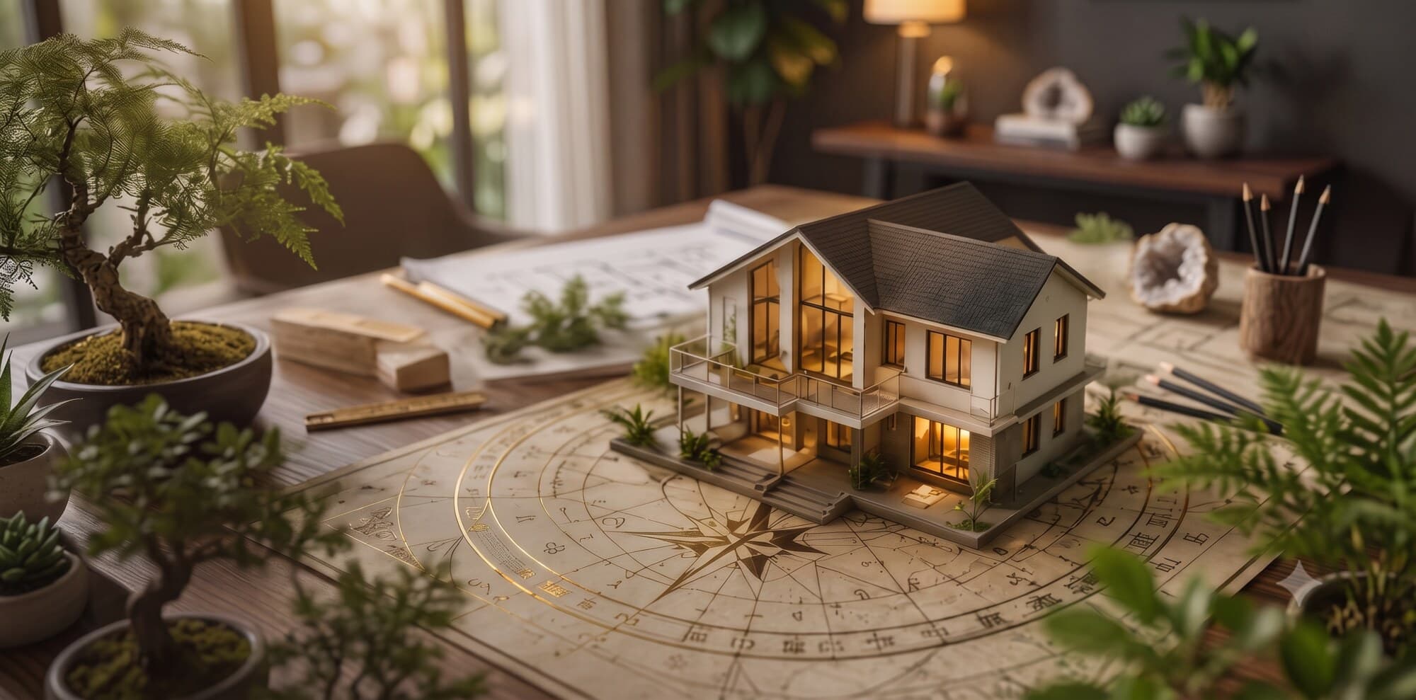 A model home set on a Vastu compass chart