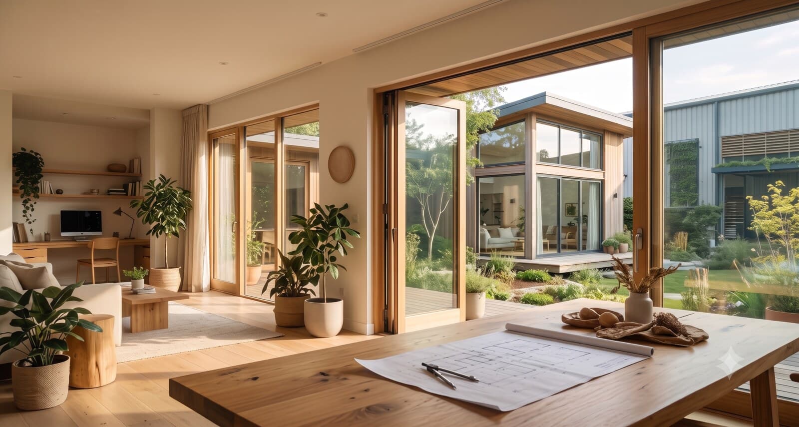 A bright, plant-filled home office with an architectural floor plan